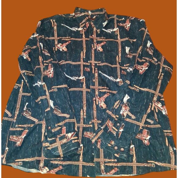 Western-Themed Long Sleeve Button-Up Shirt With Guns & Holsters Print - Picture 1 of 8